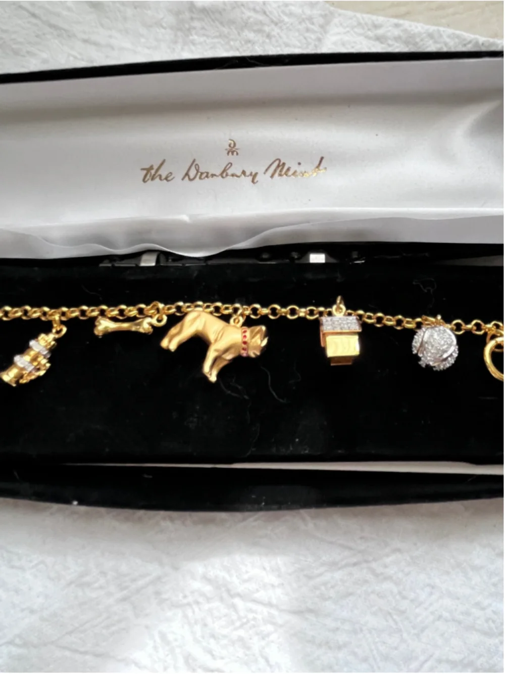Vintage Danbury Mint Pug Dog Charm Bracelet 24K Gold Plated In Original Box